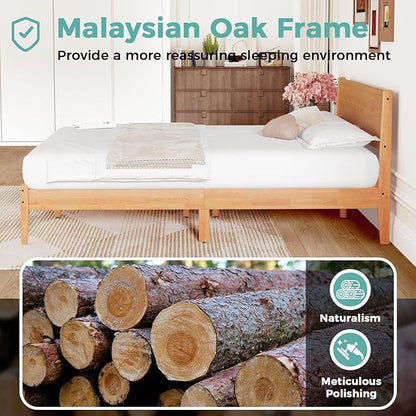 Queen Bed Frame with Headboard, Malaysian Oak Queen Bed Frame No Box Spring Needed, Farmhouse Platform Bed Frame with 12 Slats Support, Easy Assembly, Rustic Pine