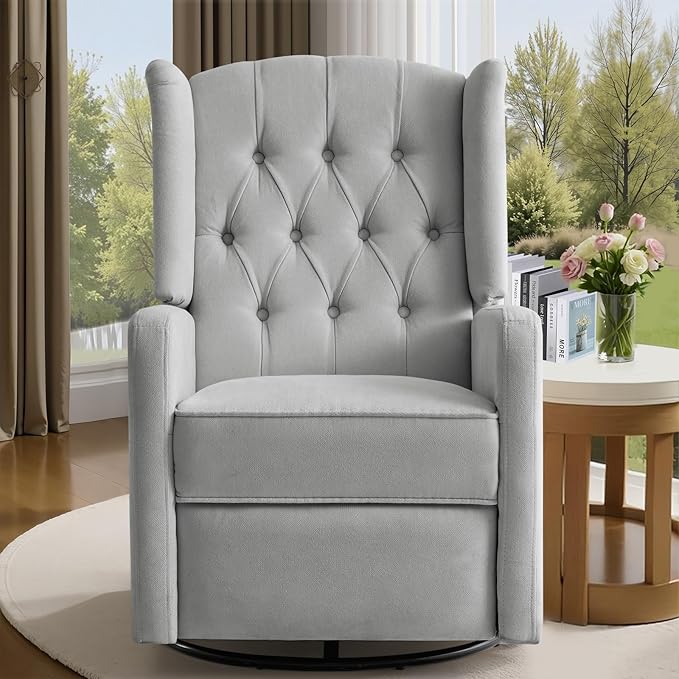 ABAKAN Swivel Rocker Recliner Chair, 360 Degree Nursery Rocking Recliner, Linen Glider Chair with Button Tufted Wingback Chair, for Living Room, Bedroom, Gray