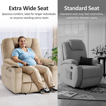 MCombo Oversized Power Lift Recliner Chair Sofa with Massage and Heat for Elderly People Petite, USB Ports, Side Pockets, Fabric R7561 (Beige, Small-Oversize)