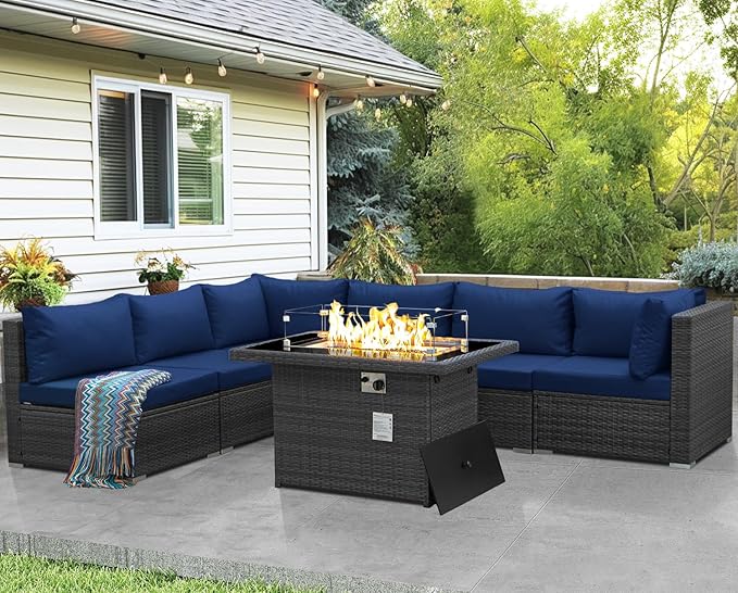 NICESOUL 29.3'' High-Back Outdoor Patio Conversation Set with Fire Pit Table Gas Propane Dual-Fuel, 7 Pcs Oversized Deep & Wide Seated Wicker Sectional Sofa Furniture Set with Firepit, Navy Blue
