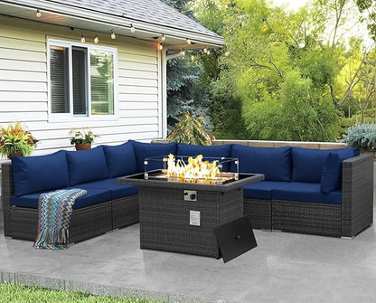 NICESOUL 29.3'' High-Back Outdoor Patio Conversation Set with Fire Pit Table Gas Propane Dual-Fuel, 7 Pcs Oversized Deep & Wide Seated Wicker Sectional Sofa Furniture Set with Firepit, Navy Blue