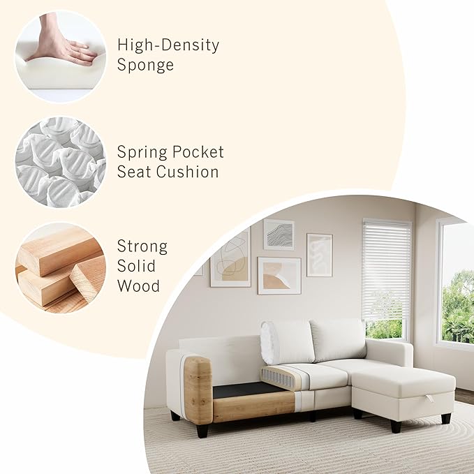 Sectional Sofa and Couches for Living Room, 78'' Beige 3 Seat L-Shaped Couch with Movable Ottoman, Comfy Fabric Convertible Sectionals Sofas with Chaise for Apartment, Office, Small Space