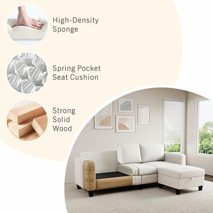 Sectional Sofa and Couches for Living Room, 78'' Beige 3 Seat L-Shaped Couch with Movable Ottoman, Comfy Fabric Convertible Sectionals Sofas with Chaise for Apartment, Office, Small Space