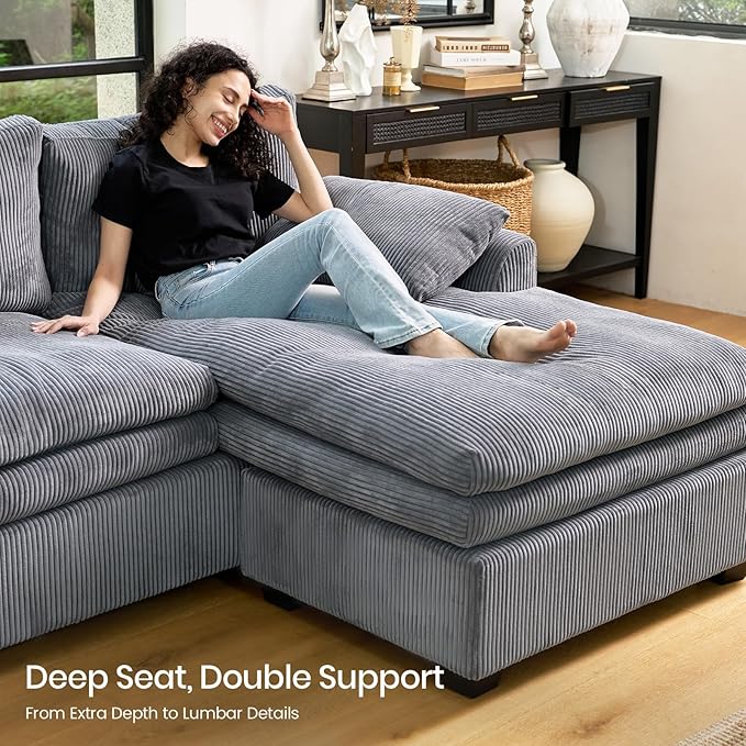 Belffin Large Modular Sectional Sofa with Double Deep Chaise, 104" Corduroy U Shaped Couch with 9" Soft Dual-Layer Seats Cushion Sectional Couches for Living Room, Apartment, Light Grey