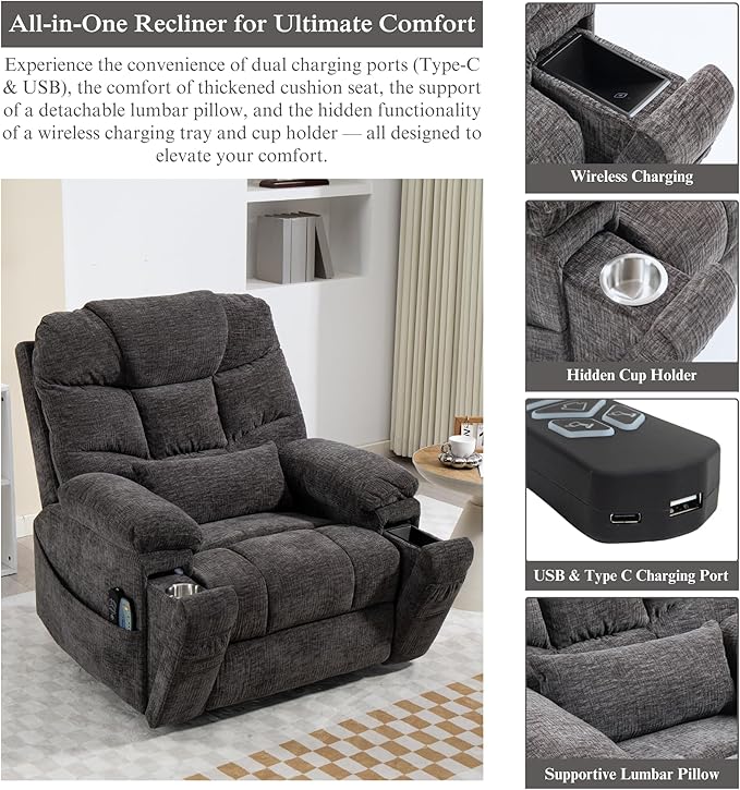 Power Lift Recliner for Elderly Adults, Dual Motor Lay Flat Lift Chair with Heat Massage, Cup Holder & Wireless Phone Charger, USB Type C Charging, Big Tall 400 lbs