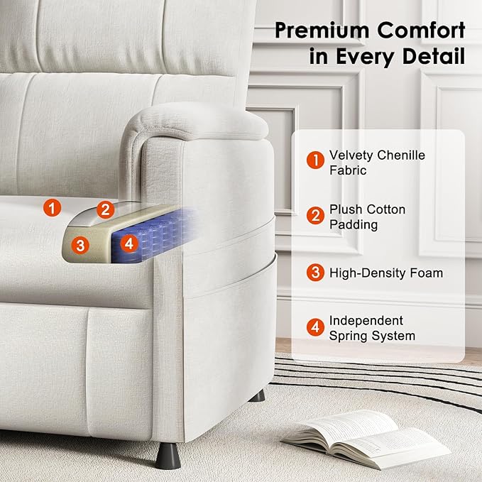 Amada Power Recliner Chair for Adults, Chenille Electric Reclining Chair for Small Spaces with Remote & Side Pockets, Thick Seat Cushion for Home Theater, RV, Living Room & Bedroom (Chenille White)