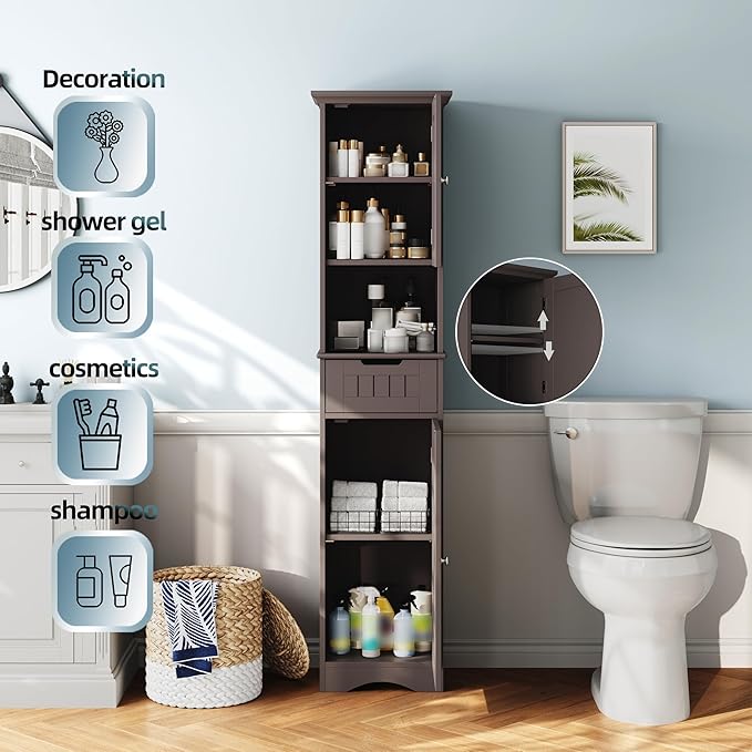 ChooChoo 67" Tall Bathroom Storage Cabinet Freestanding with Adjustable Shelves, Narrow Storage Linen Cabinet with 2 Doors and 1 Drawers for Bathroom, Living Room, Kitchen, Espresso