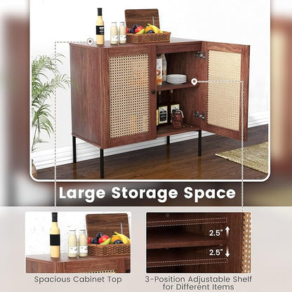 COSTWAY Buffet Cabinet with Storage, Storage Sideboard with Rattan Decorated Doors, Adjustable Shelf, Metal Legs, Accent Cabinet, Buffet Table Credenza for Hallway, Entryway, Living Room (1, Walnut)