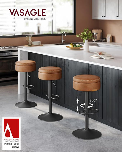 VASAGLE EKHO Collection - 360° Swivel Bar Stools Set of 4, Height Adjustable Barstools with Storage, Synthetic Leather with Stitching, Mid-Century Modern, Kitchen Bar, Easy Assembly, Caramel Brown
