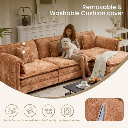 147.8" U Shaped Modular Sectional Sofa, Comfy Cloud Couch with Movable Ottoman, Deep Seat Modular Sofa, Sectional Couches for Living Room, Bedroom, Apartment (Orange)