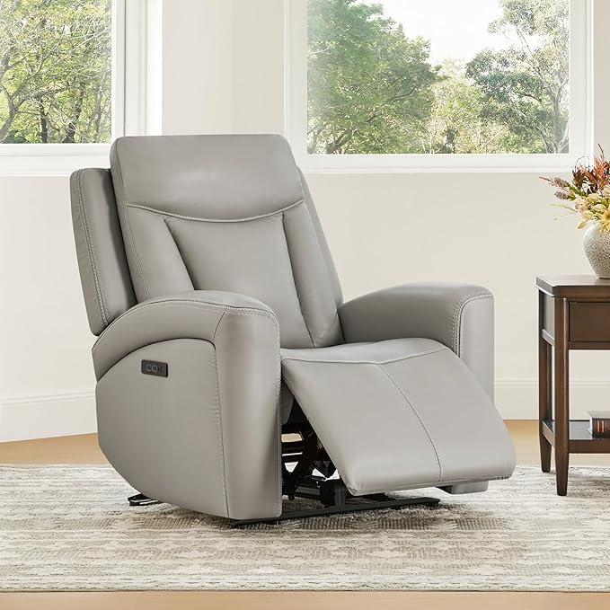 CHITA Genuine Leather Power Recliner Chair for Adults, Super Zero Gravity Recliner with Adjustable Power Headrest & USB/Type-C Ports, for Living Room, Bedroom & Home Theater, Light Gray