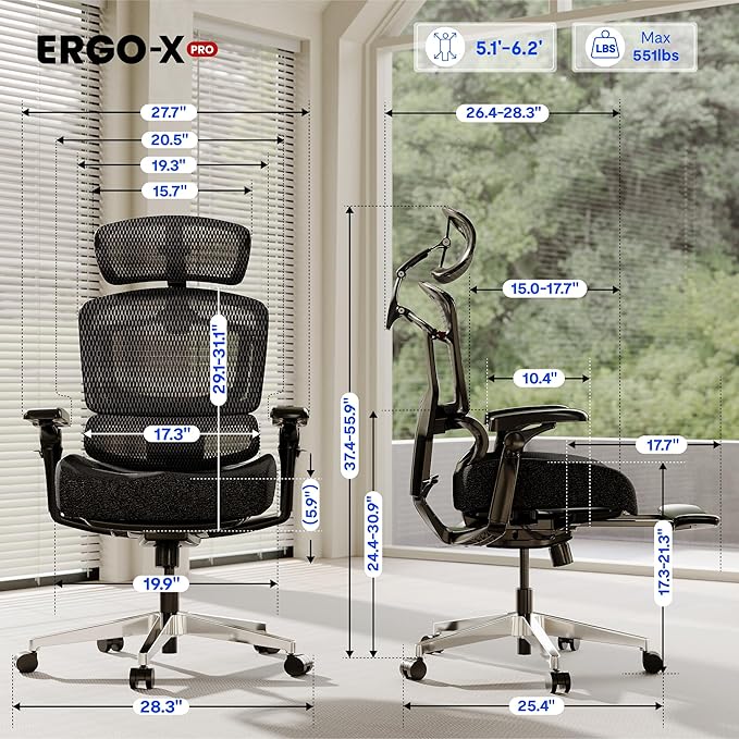 FLEXISPOT ErgoX-PRO Ergonomic Office Chair with Footrest Black – 5D Lumbar, 7D Armrests, 4D Headrest, 551LB Capacity, Cloudtech Cushion – Office, Gaming, Bedroom