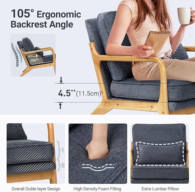 COLAMY Mid Century Modern Accent Chair Set of 2 with Lumbar Pillow, Relaxing Armchair with Solid Wood Frame & Soft Cushion, Reading Leisure Chair for Living Room（Blue）