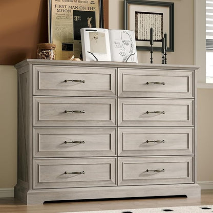 Farmhouse 8 Drawers Dresser for Bedroom, 48" Wide Modern Chest of Drawers with Deep Drawers & Bar Handles, Rustic Wood Dresser TV Stand, Wooden Closet Storage Organizer for Living Room, Hallway, Grey