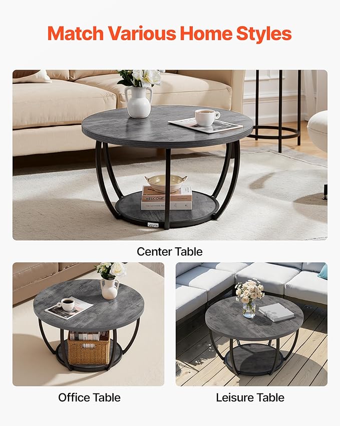 VEVOR Coffee Table, Modern Round Coffee Table, 2 Tiers Wooden Circle Center Desk with Open Storage, Minimalist Sturdy Metal Frame Accent End Desk for Living Room, Office, Easy Assembly, Grey