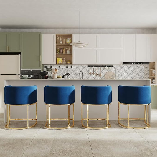 Contemporary Blue Velvet Bar Stools Set of 4, 24" Upholstered Fabric Counter Height Barstools Kitchen Counter Island Stools with Golden Metal Base