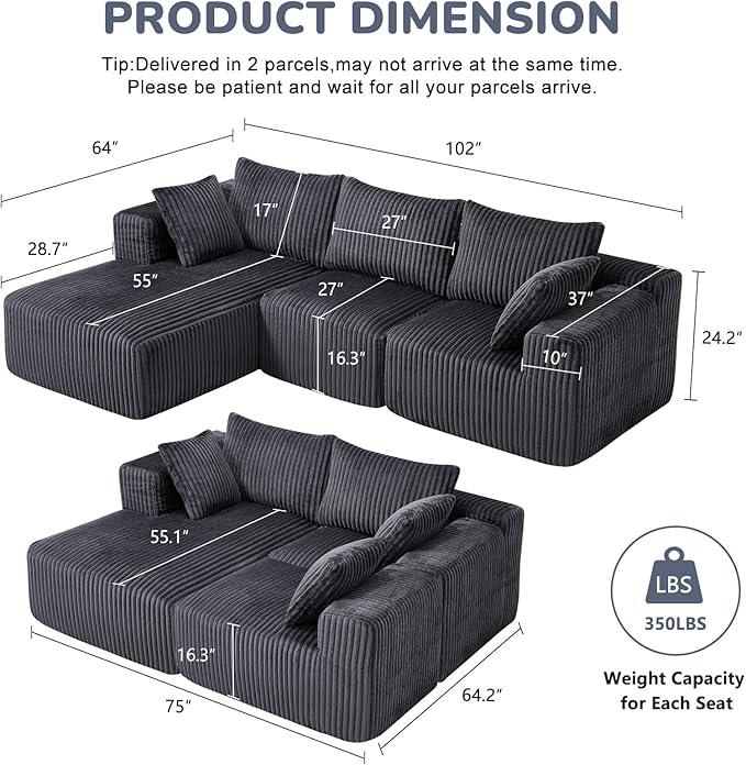 BV 102" Modern Modular Sectional Sofa,Cloud Couch Sectional with Chaise,Comfy Upholstered L-Shape Sofa for Living Room, Deep Seat Boneless Couch, No Assembly Required,Grey