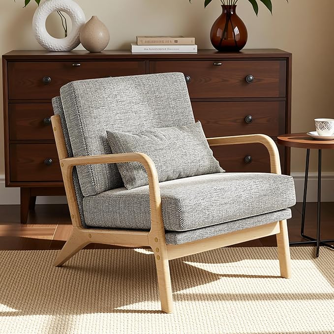 Claiks Mid-Century Modern Accent Chair, Living Room Armchair with Solid Wood Frame & Lumbar Pillow, Comfy Upholstered Lounge Chair for Bedroom, Office, Linen-Like Fabric, Dark Gray