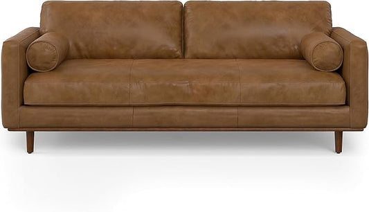 SIMPLIHOME Morrison 89-inch Wide Sofa in Caramel Brown Top Grain Genuine Leather, Mid-Century Modern Design Couch for Living Room, Single Bench Cushion, 2 Back Cushions, 2 Bolster Pillows