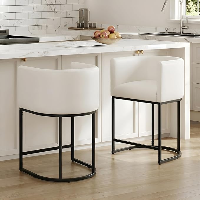 Bar Stools Set of 2, 24" Upholstered Counter Height Bar Stools, Modern Counter Stools with Metal Base for Kitchen Island Dining Room Bar, White