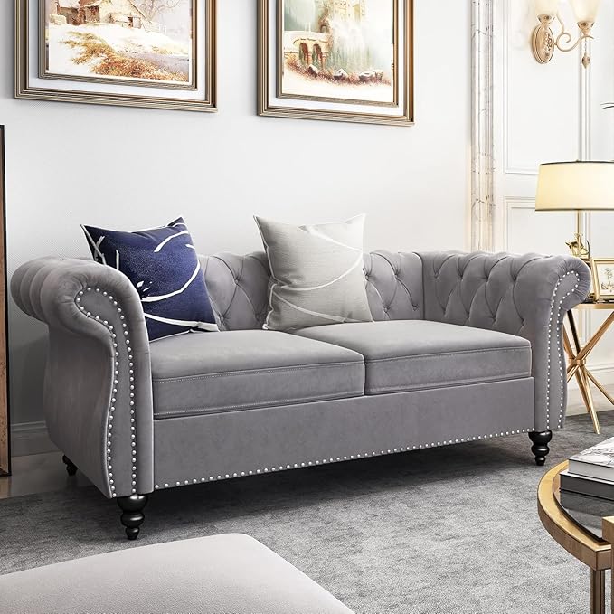 Chesterfield Loveseat Sofa, Modern Velvet Small Sofa Couch 2 Seater with Rolled Arms and Nailhead, Mid Century Modern Loveseat Couch for Small Spaces Living Room Bedroom Apartment, Grey