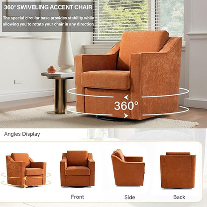 UIXE Swivel Accent Chair, Chenille Fabric Upholstered Arm Chair for Living Room, Modern Club Armchair Comfy Single Sofa Bedroom Reading Seat with Lumbar Pillow - Orange