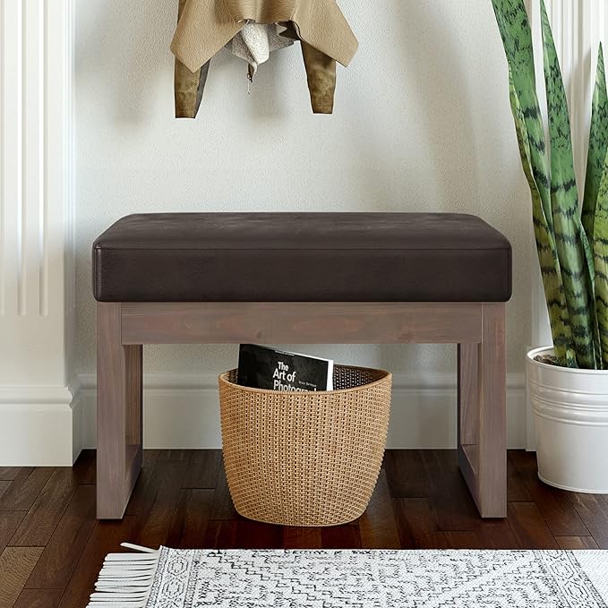 SIMPLIHOME Milltown 27 inch Wide Contemporary Rectangle Footstool Ottoman Bench in Distressed Brown Vegan Faux Leather, Assembled, for the Living Room and Bedroom