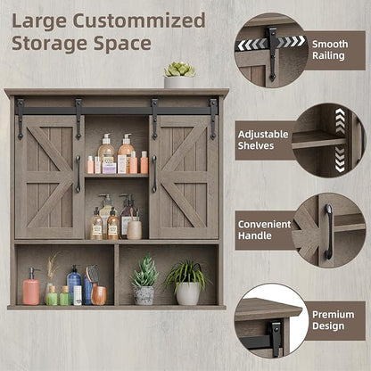 Vabches Bathroom Wall Cabinet, Farmhouse Wooden Medicine Cabinet with Double Sliding Barn Door and Adjustable Shelves, Farmhouse Storage Cabinet Wall Mounted for Bathroom, Kitchen Dining, Washed Oak