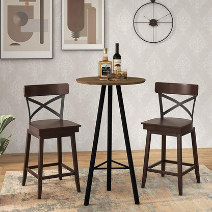 COSTWAY Swivel Bar Stool Set of 4, 24 Inch Ergonomic Counter Height Chairs with Open X Back & Footrest, 4PCS Vintage Wooden Barstools for Kitchen Island, Pub, Bistro, Café, Brown (4, 24 inch)