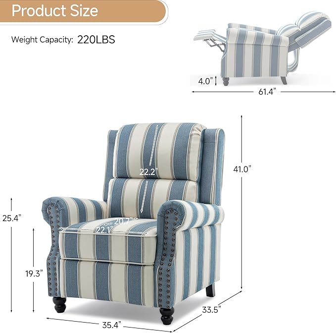 Lumibee Pushback Recliner Chair,Upholstered Wingback Chair for Small Spaces,Floral Fabric for Living Room,Single Sofa Accent Chair Reading Seat for Balcony,Bedroom-Striple Navy