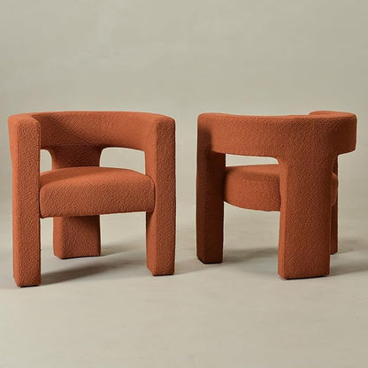 KINWELL 28" W Boucle Accent Chair Armchairs Set of 2, Upholstered Square Open-Back Barrel Chair, No Assembly Side Chair ArmChairs for Living Room Bedroom Lounge (Caramel)