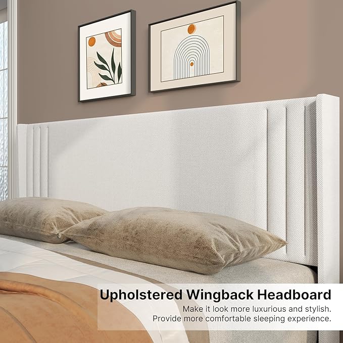 Gizoon Queen Bed Frame with Wingback Headboard, Upholstered Platform Bed with Modern Geometric Headboard, Wooden Slats, Noise-Free, No Box Spring Needed