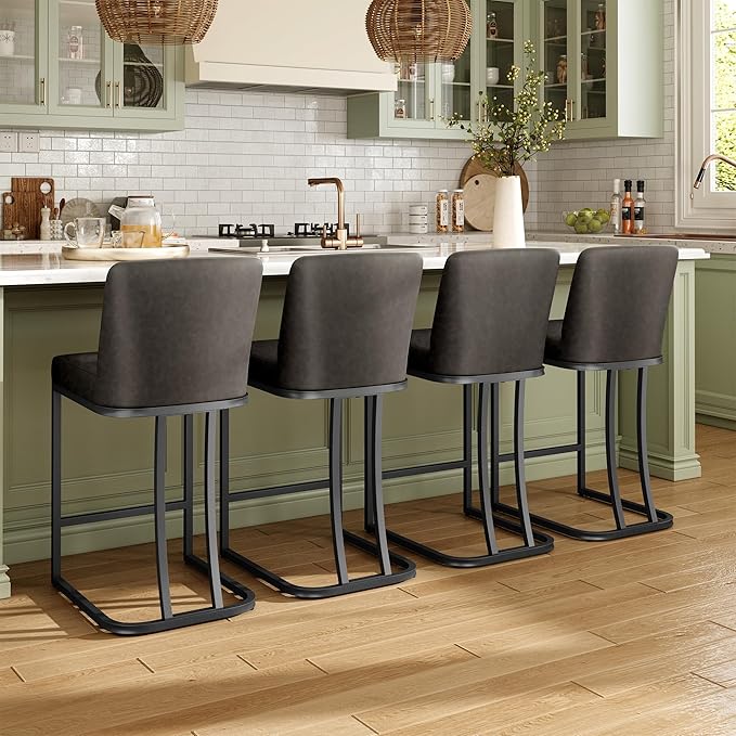 MAISON ARTS Counter Height Bar Stools with Back Set of 4 for Kitchen Counter, 24 Inch Modern Upholstered Faux Leather Barstools Farmhouse Bar Chairs Luxury Island Stools Support 330LBS, Grey