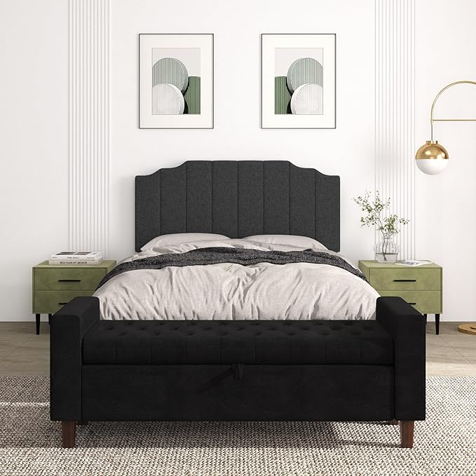 Queen Size Headboard Only, Linen Wall Mounted Headboard Queen/Full Size for Adjustable Bed, Modern Vertical Channel Design with Curved Tufted Upholstered Head Board, Dark Gray
