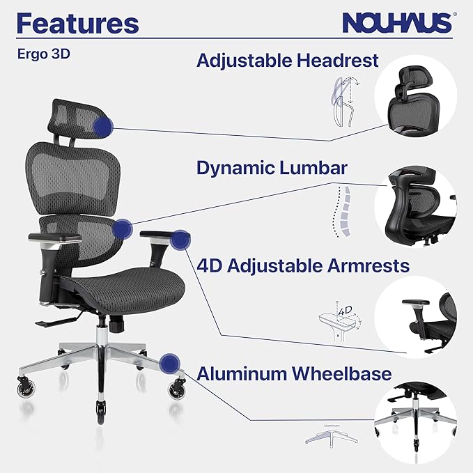 Nouhaus Ergo3D Ergonomic Office Chair Lumbar Support Mesh Office Chair with 4D Adjustable Armrest, Adjustable Headrest and Wheels, Mesh High Back Home Office Desk Chairs(Black)