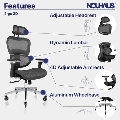 Nouhaus Ergo3D Ergonomic Office Chair Lumbar Support Mesh Office Chair with 4D Adjustable Armrest, Adjustable Headrest and Wheels, Mesh High Back Home Office Desk Chairs(Black)