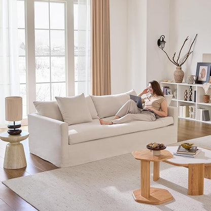 SICOTAS 90.5" Modern Sofa with Deep Seat, Large Down-Filled Cloud Couch with 4 Pillows & Solid Wood Frame, Oversized 3 Seater Sofa Comfy Sleeper Couches for Living Room, Apartment, Beige