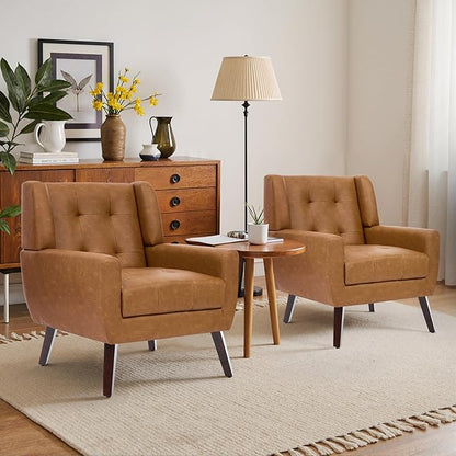 Faux Leather Accent Chair, Mid-Century Modern Upholstered Armchair, Comfy Living Room Chairs Reading Chairs with Button Tufted Back & Solid Wood Legs for Bedroom, Office, Brown