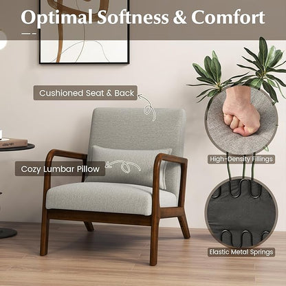 KOMFOTT Mid-Century Modern Accent Chair Set of 2, Living Room Leisure Chair with Cushioned Seat & Back, Upholstered Armchair with Rubber Wood Frame & Lumbar Pillow, Lounge Chair for Bedroom, Grey