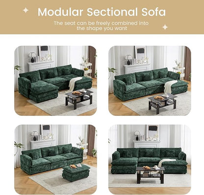 112" Modular Sectional Sofa with Movable Ottoman, L Shaped Couches for Living Room, 3 Seater Comfy Cloud Couch with Removable Cover, Armrest Pillow (Green)