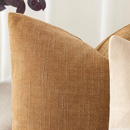 Foindtower Set of 2 Textured Chenille Throw Decorative Pillow Covers Square Accent Solid Cushion Cover Neutral Farmhouse Lumbar Pillow Case for Couch Sofa Bedroom Living Room 12x20 Inch,Golden Brown