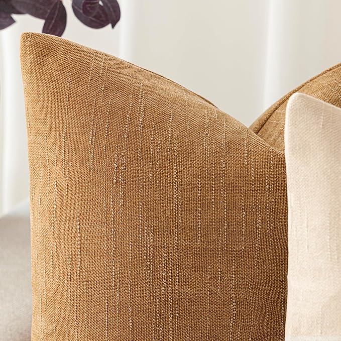 Foindtower Set of 2 Soft Textured Chenille Throw Decorative Pillow Covers Square Accent Solid Cushion Cover Neutral Farmhouse Pillow Case for Couch Sofa Bedroom Living Room 16x16 Inch,Golden Brown