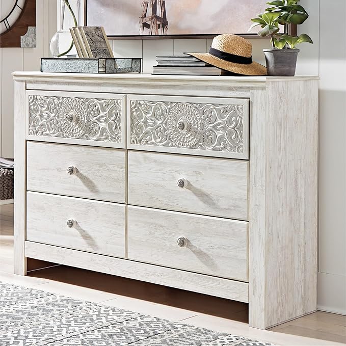 Signature Design by Ashley Paxberry Boho 6 Drawer Dresser, Smooth-gliding Faux Laminate Lined Drawers, Wood, 61.26" W x 15.83" D x 40" H, Whitewash