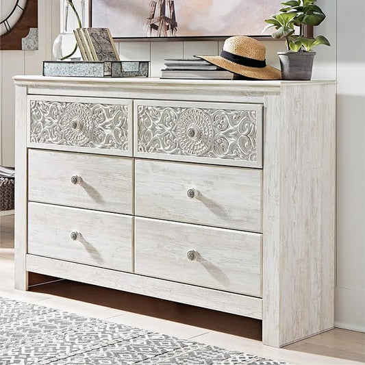 Signature Design by Ashley Paxberry Boho 6 Drawer Dresser, Smooth-gliding Faux Laminate Lined Drawers, Wood, 61.26" W x 15.83" D x 40" H, Whitewash