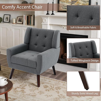 Accent Chairs Set of 4, Mid-Century Modern Upholstered Armchair, Comfy Fabric Living Room Chairs Reading Chairs with Button Tufted Back & Solid Wood Legs for Bedroom, Office, Gary