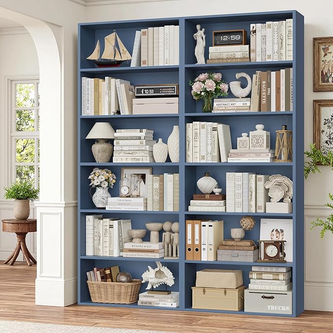 FOTOSOK 70.8" Tall Bookcase Shelf, 6 Tier Wide Bookshelf with Storage, Billy Bookcase Set of 2, Large Bookshelf for Living Room, Home Office,Blue