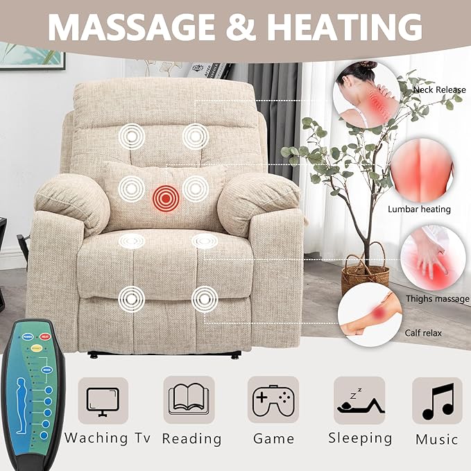 Power Lift Chair Lay Flat Recliner Infinite Position Electric Dual Motor Stand Up Lift Chair with Massage and Heat for Adults,Heavy Duty Recliners with 2 Remote Controls and Two Cup Holders