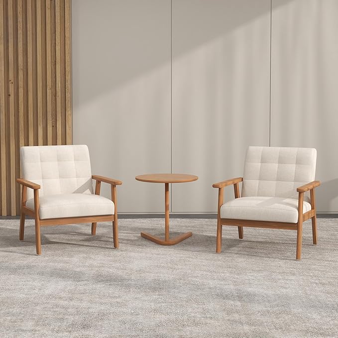 KCC Mid-Century Modern Linen Fabric Accent Chair, Upholstered Leisure Chair Comfy Reading Side Chair with Armrest and Solid Wood Frame for Living Room Bedroom Balcony(Beige)