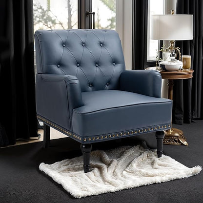 MOJAY Faux Leather Accent Chair Set of 2, Mid-Century Modern Living Room Chair Lounge Study Sofa Chair with Sturdy Wood Legs, Club Chair Armchair for Bedroom Home Study Reception (DarkBlue)