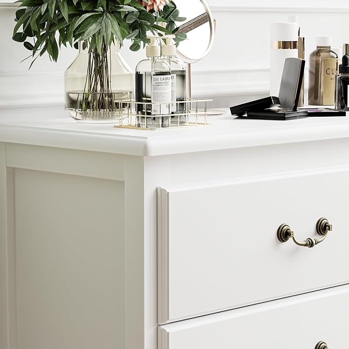 White Dresser, Modern 6 Drawer Double Dresser for Bedroom Adults & Kids with Vintage Gold Handles, Wide Dressers & Chests of Drawers, 6 Drawer Dressers for Hallway, Antique White
